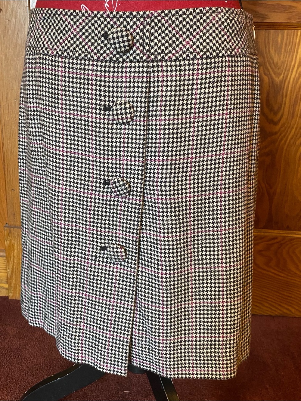 LOFT Houndstooth Midi Skirt in Black, White & Pink